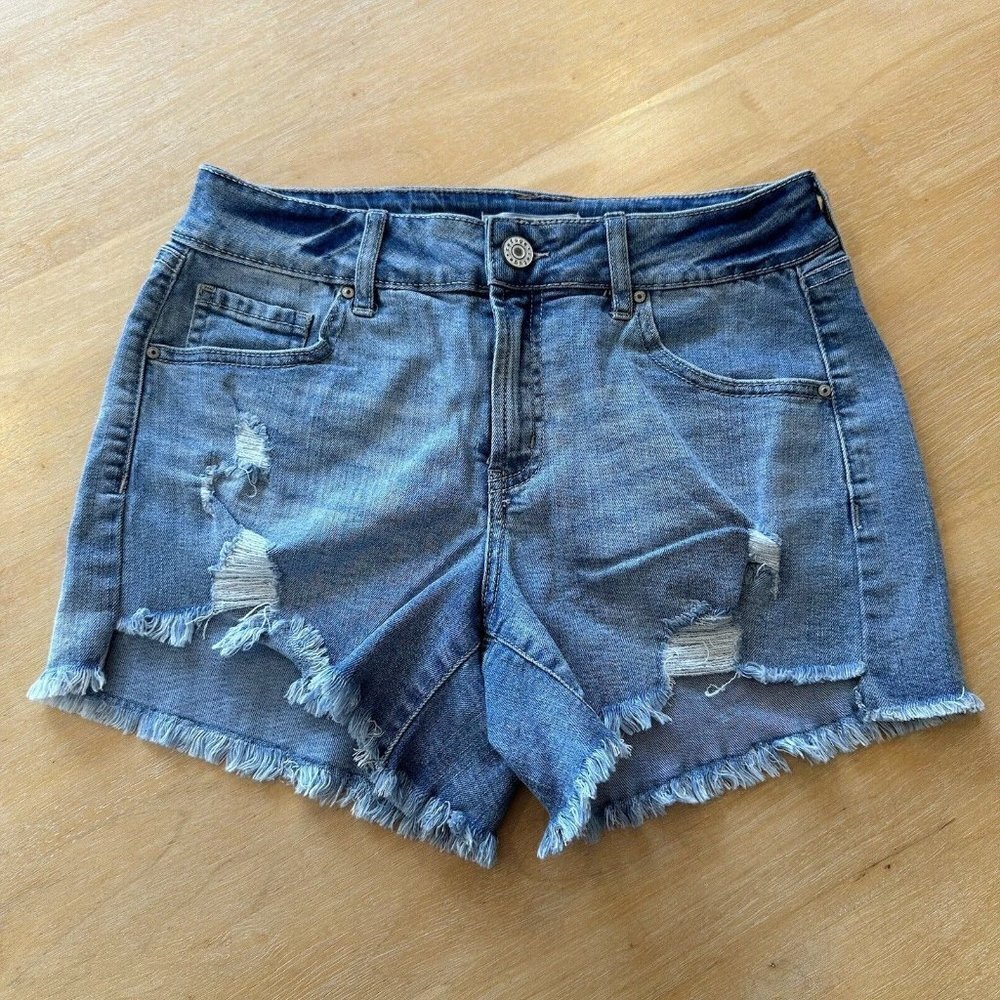 Refuge Womens Blue Medium Wash Distressed Raw Hem Stretch‎ Denim Shorts Size 4